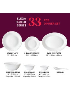 LARAH BY BOROSIL Larah by Borosil Elega Fluted Series Opalware Dinner Set | 33 Pieces for Family of 6 | Microwave & Dishwasher Safe | Bone-Ash Free | Crockery Set for Dining & Gifting | Plates & Bowls | White  - Image 2