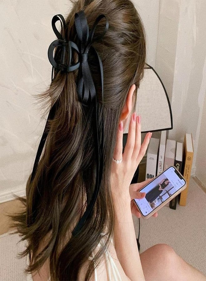 فاميزا مجموعة مشابك شعر فاميزا مكونة من قطعتين، مزينة بفيونكة وذيل طويل، مشابك شعر بشرابة بطول 5 بوصات، مشابك شعر نسائية للبنات، مشابك شعر كبيرة، إكسسوارات شعر طويلة، دبابيس شعر، هدية عيد الحب أو عيد الميلاد (بني وأسود) - Image 5