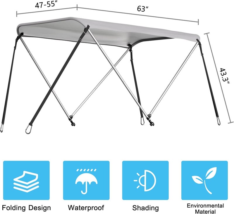 DoCred Foldable Bimini Top Boat Cover Canopy Cover 2Bow Bimini Top (63" L 39‘’-55‘’ W 43.3" H), Suitable for Boats of 3.2-4.5 FT - Image 5