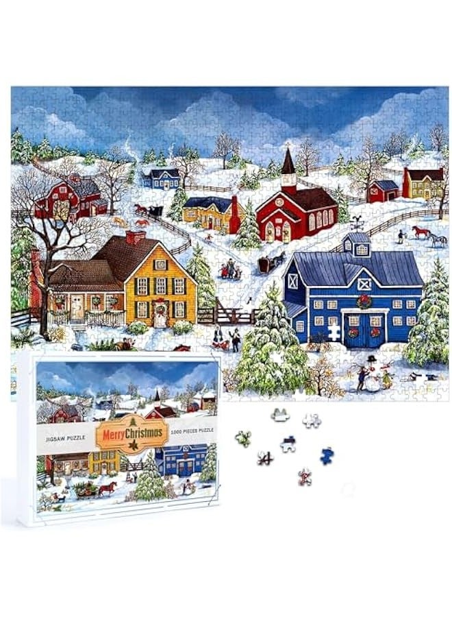 Wooden Jigsaw Puzzle, Countryside New Year Vibes, A Holiday Decoration for All Ages,1000 Pieces (Village) - Image 1