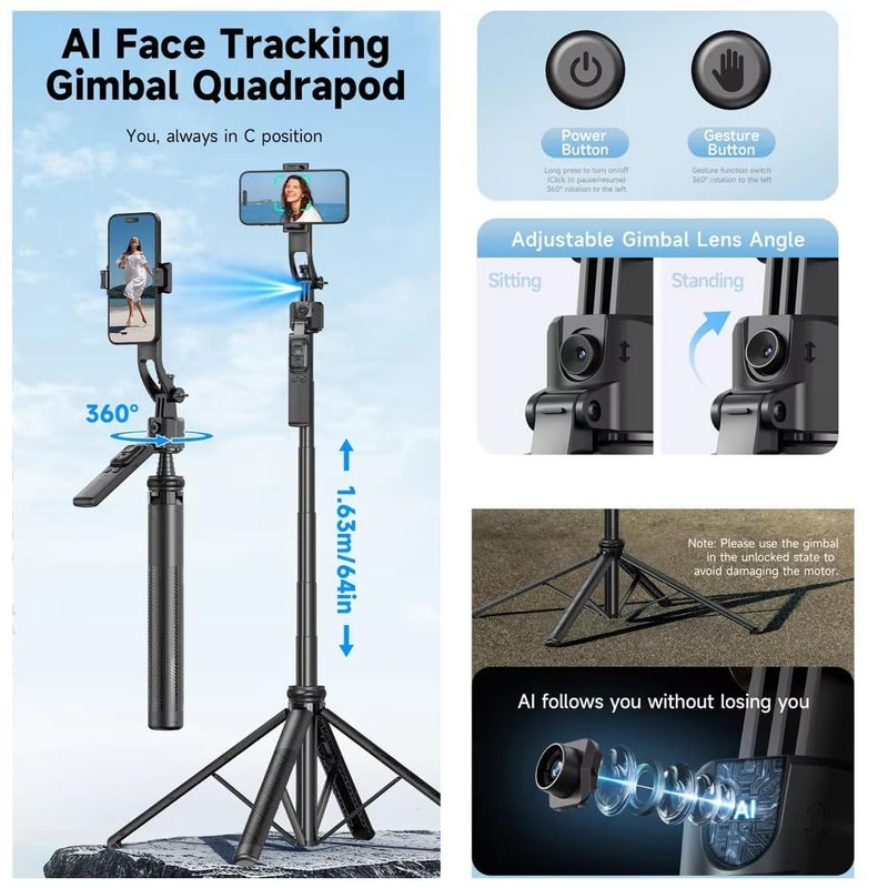 FKU C17 Auto Face Tracking AI Gimbal Selfie Stick Tripod Stand 3 in 1 Multifunctional Design, Detachable Bluetooth Remote Compatible for iPhone/Android, Best for Vlogging/Photo Shoot - Image 5