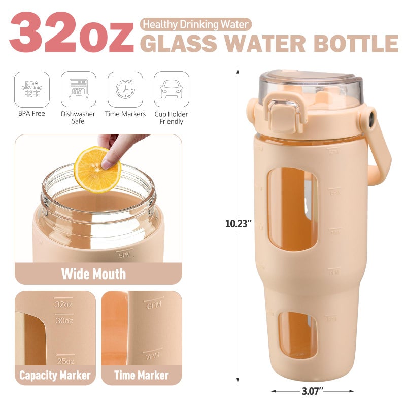 BLUEGO 32oz Glass Water Bottles with Straw Time Marker Half Gallon Large Motivational Water Bottle with Silicone Sleeve 2 Liter Large Glass Water Jug for Gym, Sports& Workout, Daily, Amber - Image 5