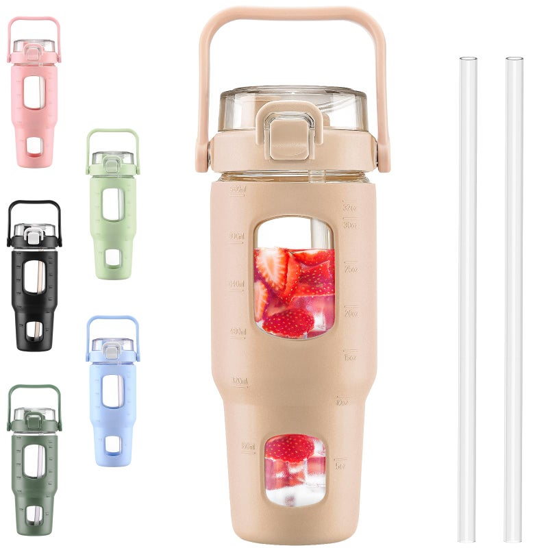 BLUEGO 32oz Glass Water Bottles with Straw Time Marker Half Gallon Large Motivational Water Bottle with Silicone Sleeve 2 Liter Large Glass Water Jug for Gym, Sports& Workout, Daily, Amber - Image 1