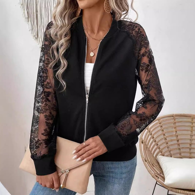 سترة نسائية بقص الدانتيل وأكمام طويلة وياقة بيسبول - Image 5