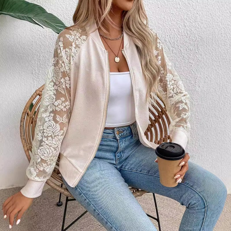 سترة نسائية بقص الدانتيل وأكمام طويلة وياقة بيسبول - Image 3