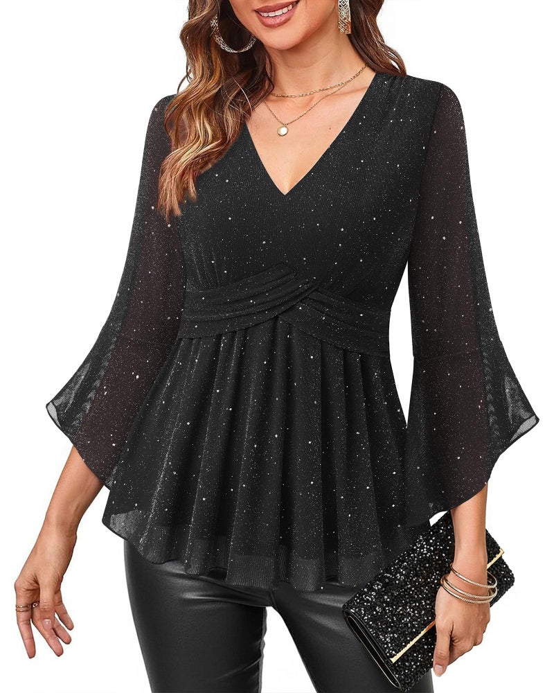 VALOLIA Black Blouse for Women Dressy: Holiday Sparkly Bell Sleeve - Plus Size Formal Blouse - Fancy Shirts for Women 3/4 Sleeve Sequin Tops Dinner Clothes Glitter Tunic Holiday Cocktail Attire L - Image 4