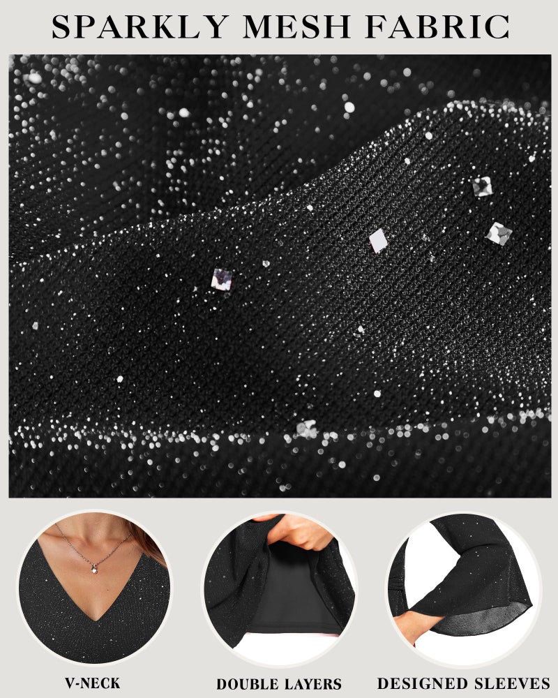 VALOLIA Black Blouse for Women Dressy: Holiday Sparkly Bell Sleeve - Plus Size Formal Blouse - Fancy Shirts for Women 3/4 Sleeve Sequin Tops Dinner Clothes Glitter Tunic Holiday Cocktail Attire L - Image 5