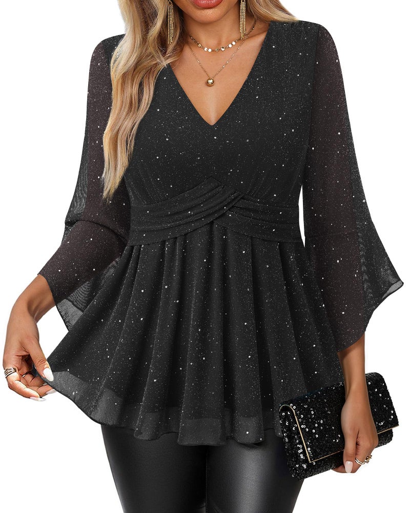 VALOLIA Black Blouse for Women Dressy: Holiday Sparkly Bell Sleeve - Plus Size Formal Blouse - Fancy Shirts for Women 3/4 Sleeve Sequin Tops Dinner Clothes Glitter Tunic Holiday Cocktail Attire L - Image 1