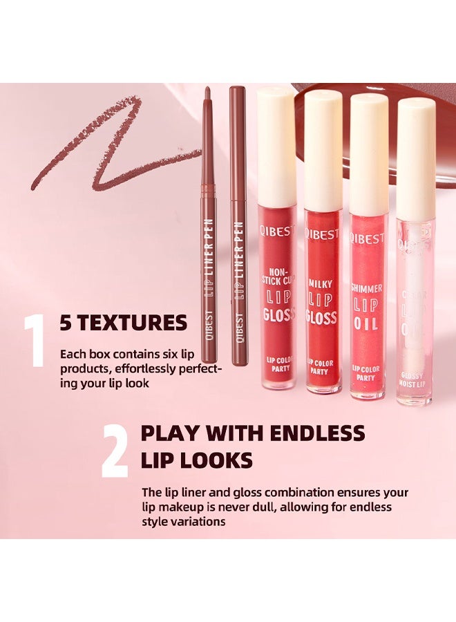 QiBest Lip Color Party Kit, Matte Glow Shimmer Clear Liner, One Step Lips Makeup Kits Pigment Velvety Nude Lip Stain Waterproof Long Wear Lip Gloss Make up Gift Set (6Pcs) - Image 4