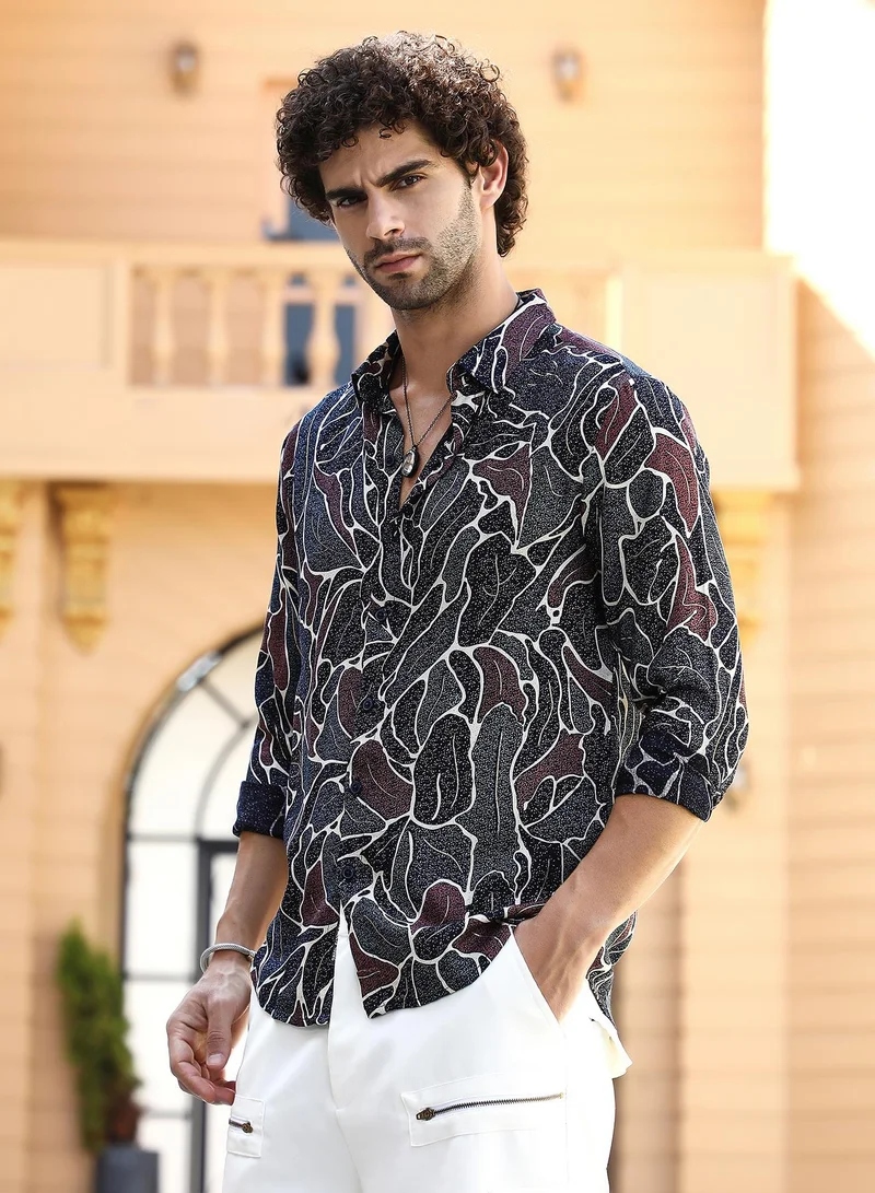 كامبوس سوترا Men's Onyx Black & Navy Blue Speckled-Foliage Regular Shirt