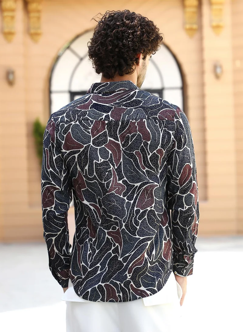 كامبوس سوترا Men's Onyx Black & Navy Blue Speckled-Foliage Regular Shirt
