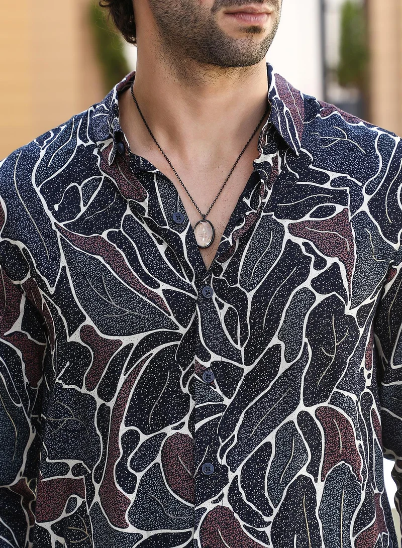 كامبوس سوترا Men's Onyx Black & Navy Blue Speckled-Foliage Regular Shirt