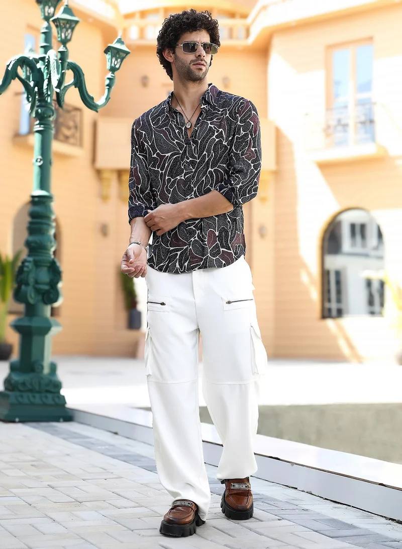كامبوس سوترا Men's Onyx Black & Navy Blue Speckled-Foliage Regular Shirt