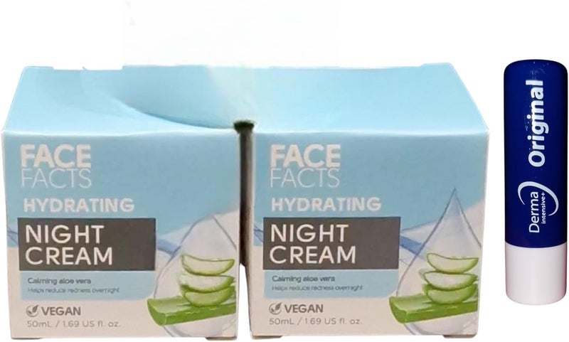 Fce Facts Hydrating Night Cream Calming Aloe Vera Helps Redness Overnight Twin Pack Travel Size 50ML With Free Orignial Lip Balm