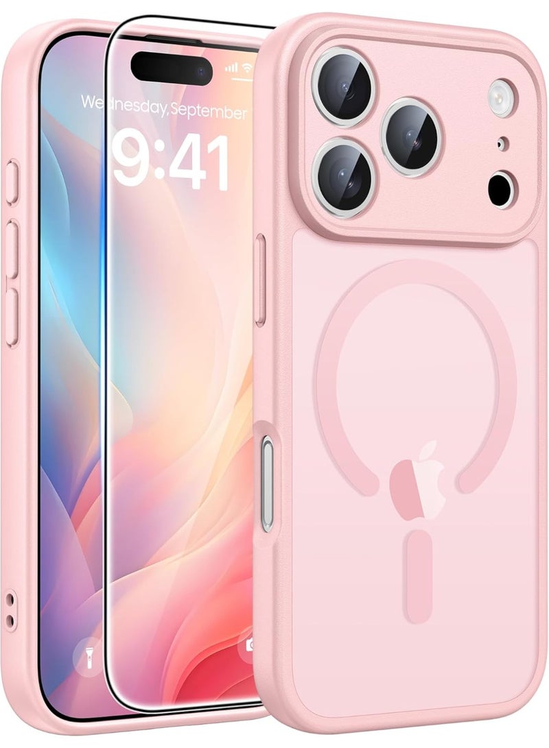CHEROSIN غطاء 2 في 1 لجهاز iPhone 17 Pro Max متوافق مع Magsafe، غطاء غير لامع شفاف مع واقي شاشة زجاجي مقسى، غطاء هاتف مقاوم للصدمات بمعيار عسكري لجهاز 17 Pro Max بحجم 6.9 بوصة، وردي - Image 1
