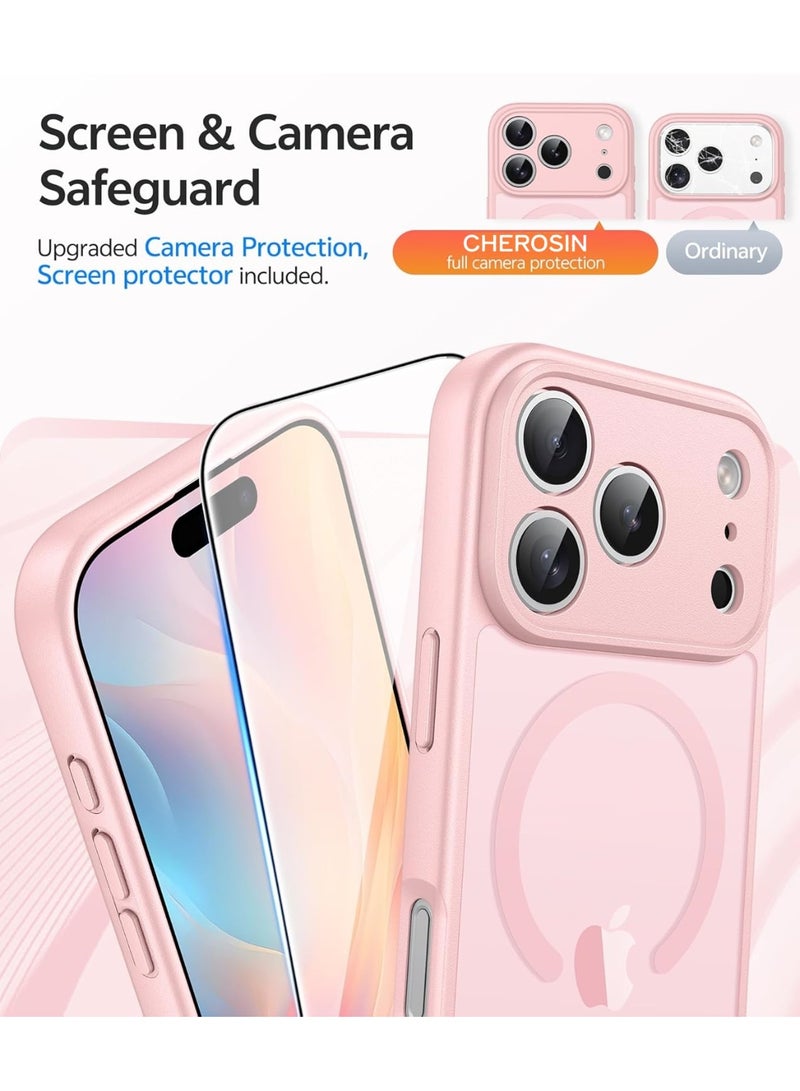 CHEROSIN غطاء 2 في 1 لجهاز iPhone 17 Pro Max متوافق مع Magsafe، غطاء غير لامع شفاف مع واقي شاشة زجاجي مقسى، غطاء هاتف مقاوم للصدمات بمعيار عسكري لجهاز 17 Pro Max بحجم 6.9 بوصة، وردي - Image 4