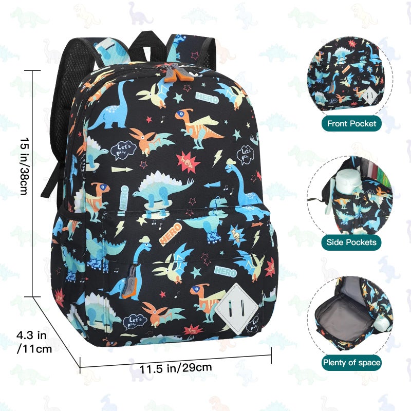 VGJ Kids Backpack for Girls Boys - 15 Inch Dinosaur Childrens Backpack Cute School Bag Kindergarten Backpack for Ages 3-8, Black - Image 2