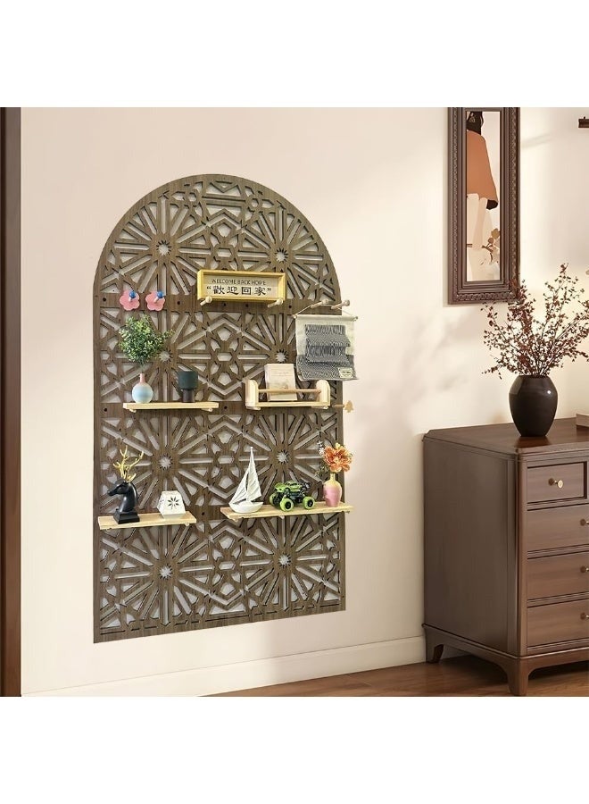 رف حائط خشبي على الطراز العربي، مقاس 220×120 سم، بتصميم هندسي مزخرف، مع سطح مقوس، جدار فاصل للمنزل والمكتب، رف عرض عصري للنباتات والكتب والديكور، فاصل للغرفة ولوحة خلفية - Image 1