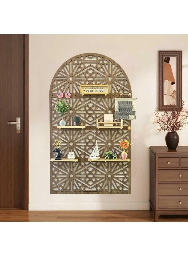 رف حائط خشبي على الطراز العربي، مقاس 220×120 سم، بتصميم هندسي مزخرف، مع سطح مقوس، جدار فاصل للمنزل والمكتب، رف عرض عصري للنباتات والكتب والديكور، فاصل للغرفة ولوحة خلفية - Image 3