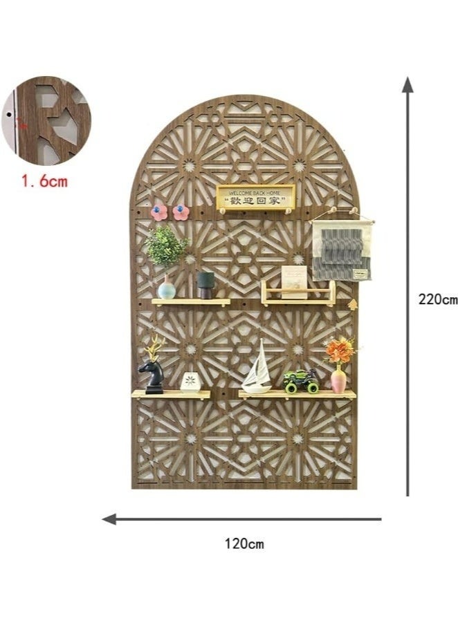 رف حائط خشبي على الطراز العربي، مقاس 220×120 سم، بتصميم هندسي مزخرف، مع سطح مقوس، جدار فاصل للمنزل والمكتب، رف عرض عصري للنباتات والكتب والديكور، فاصل للغرفة ولوحة خلفية - Image 4