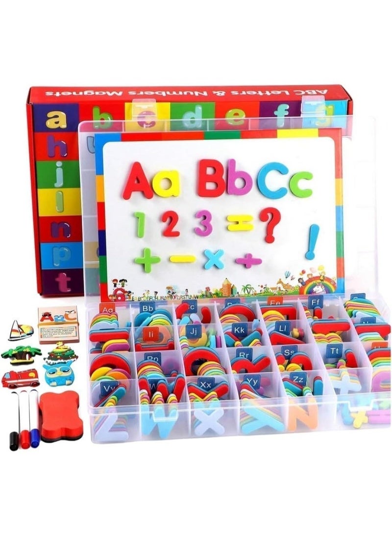 ST ZONE 253-Piece Magnetic Letters and Numbers Set – Uppercase & Lowercase EVA Foam Alphabet Magnets with Numbers & Math Symbols, Double-Sided Magnetic Whiteboard, 3 Dry-Erase Markers, Eraser & Divided Storage Box – Spelling & Math Toy for Kids 3+ - Image 1