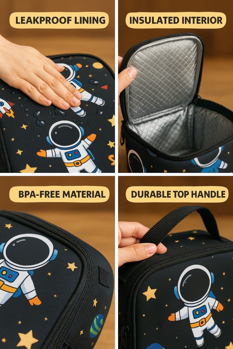 Snack attack nack Attack Kids Insulated Lunch Bag – Space Astronaut Galaxy Design – Leakproof, Lightweight & Durable – With Adjustable Strap & Side Mesh Bottle Pocket – Ideal for Boys Aged 3–10 - Image 4