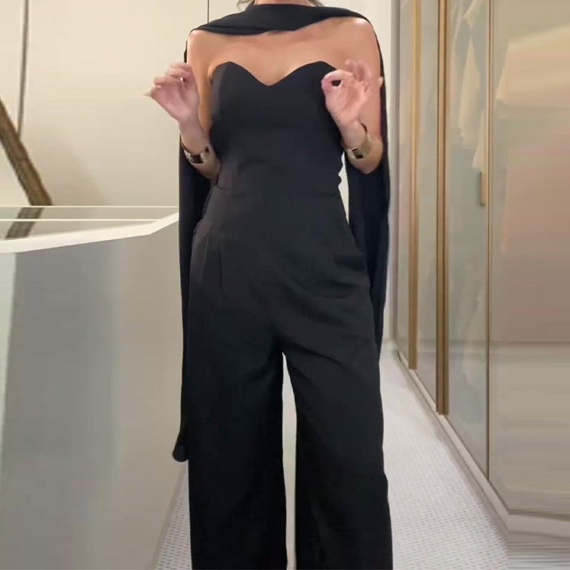 2023 Fashion Solid Color Tube Top Wide Leg One-Piece Trousers For Women - Image 5