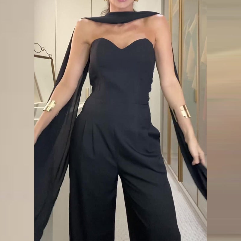 2023 Fashion Solid Color Tube Top Wide Leg One-Piece Trousers For Women - Image 4