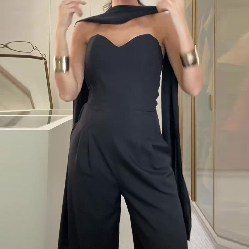 2023 Fashion Solid Color Tube Top Wide Leg One-Piece Trousers For Women - Image 3