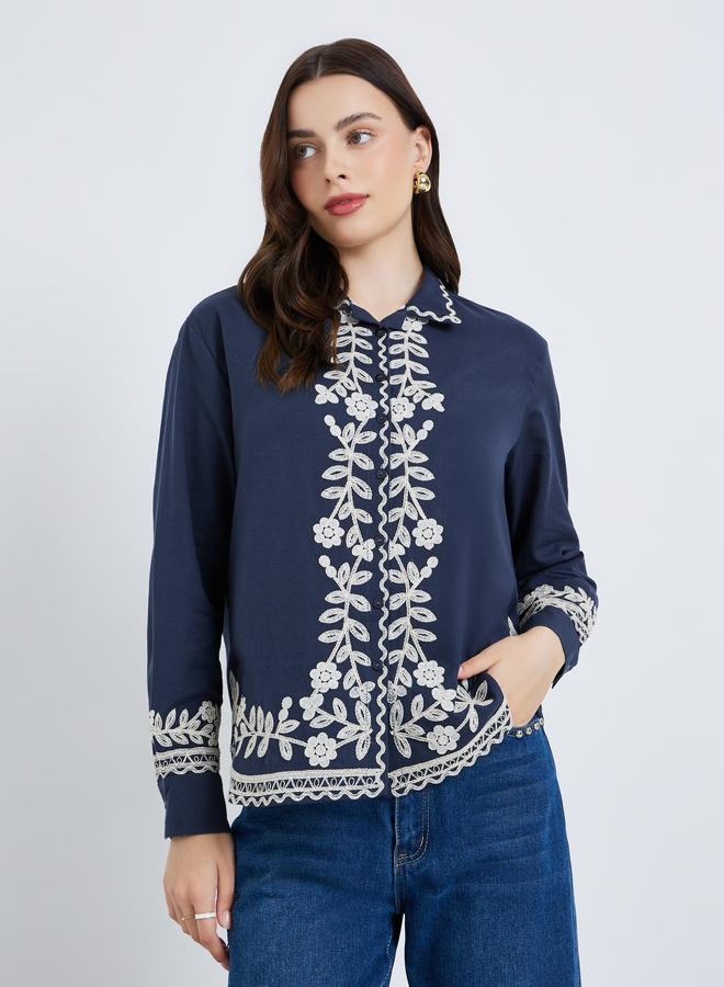 Styli Women Blue Embroidered Long Sleeve Shirt - Image 1