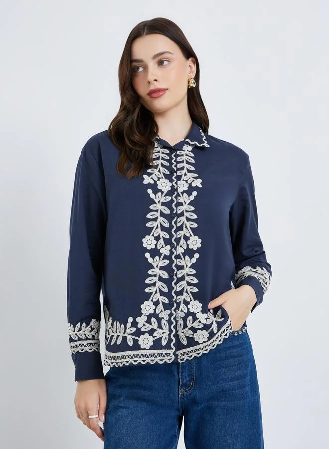Styli Women Blue Embroidered Long Sleeve Shirt