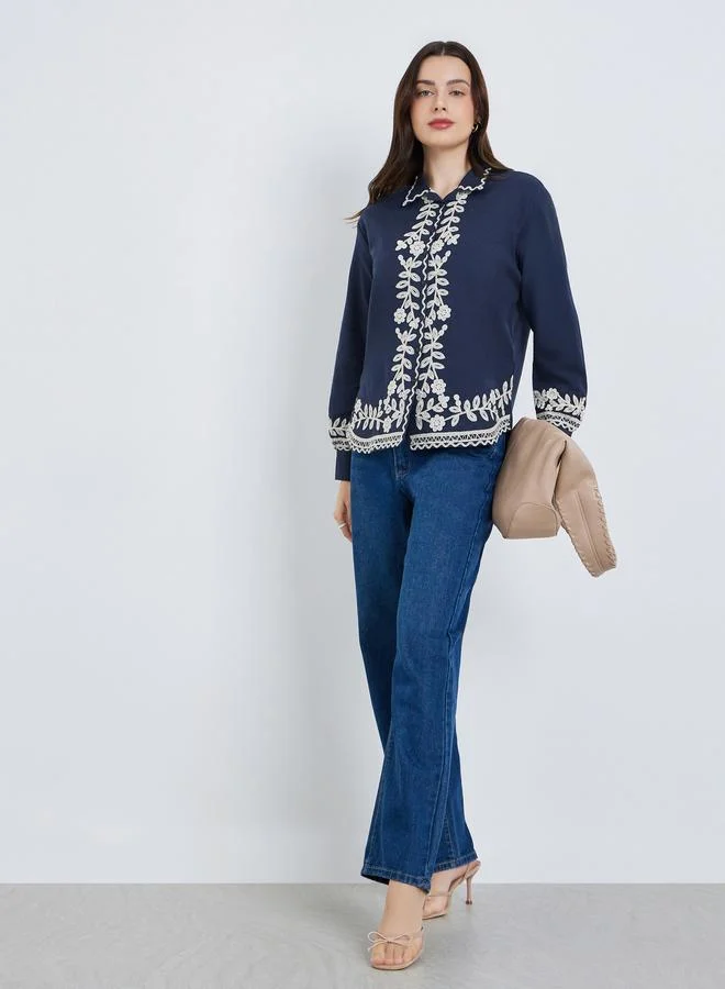 Styli Women Blue Embroidered Long Sleeve Shirt
