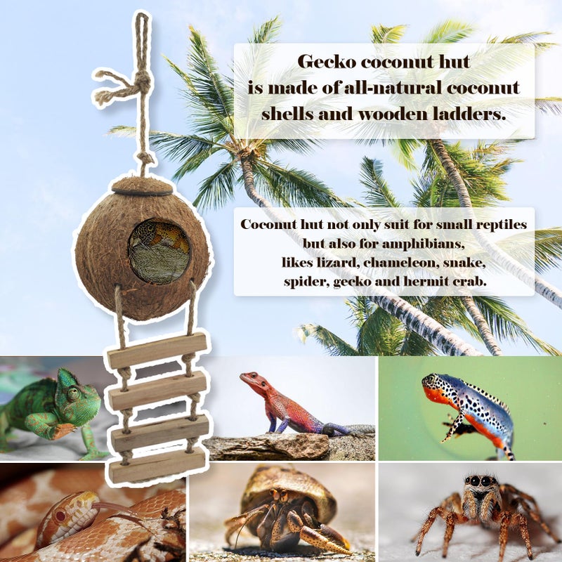 MUYG 6PCS Crested Gecko Coconut Hut, Lizard Coco Den with Ladder and Reptile Hammock Bearded Dragon Tank Accessories Climbing Hanging Plants Jungle Vine Flexible Reptile Leaves Decor - Image 5