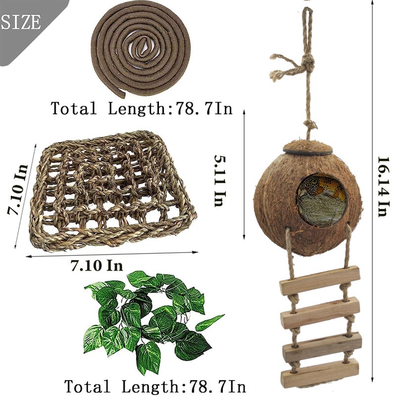 MUYG 6PCS Crested Gecko Coconut Hut, Lizard Coco Den with Ladder and Reptile Hammock Bearded Dragon Tank Accessories Climbing Hanging Plants Jungle Vine Flexible Reptile Leaves Decor - Image 3