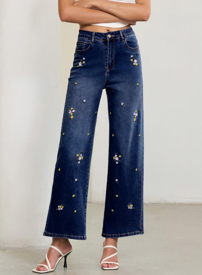 Sidefeel Women's Straight Leg Embroidered Jeans High Waisted Stretchy Wide Leg Denim Pants Bluing Size 10 - Image 5