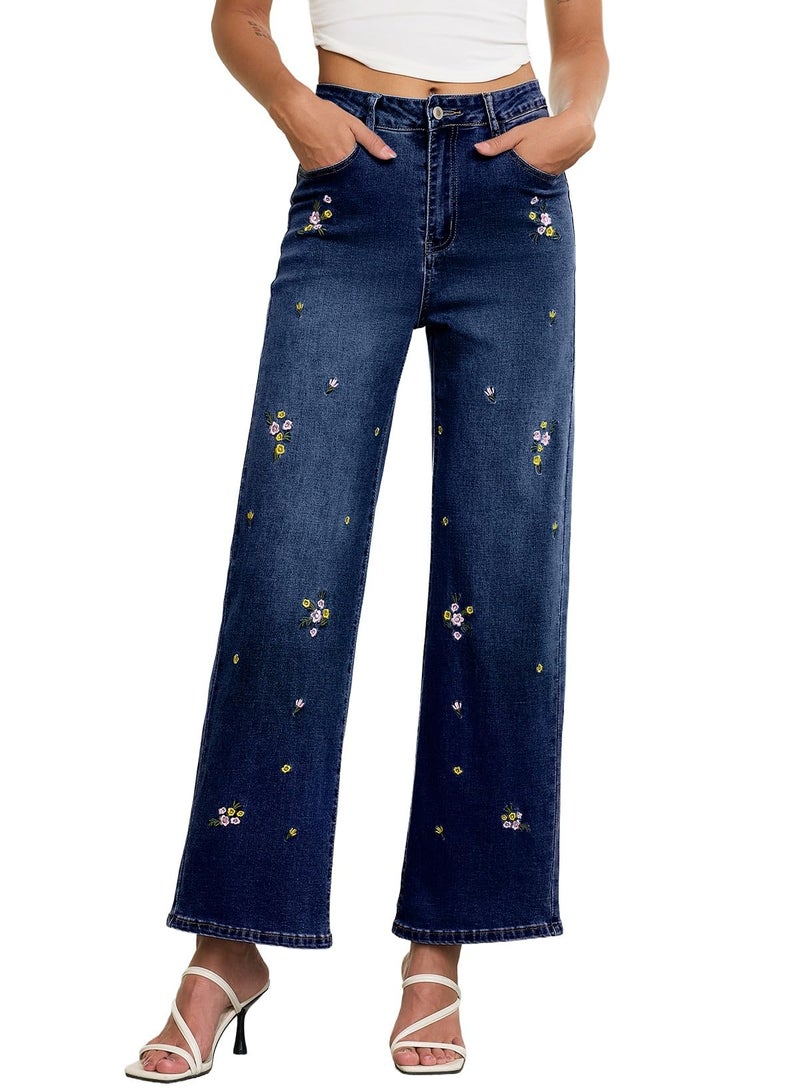 Sidefeel Women's Straight Leg Embroidered Jeans High Waisted Stretchy Wide Leg Denim Pants Bluing Size 10 - Image 1
