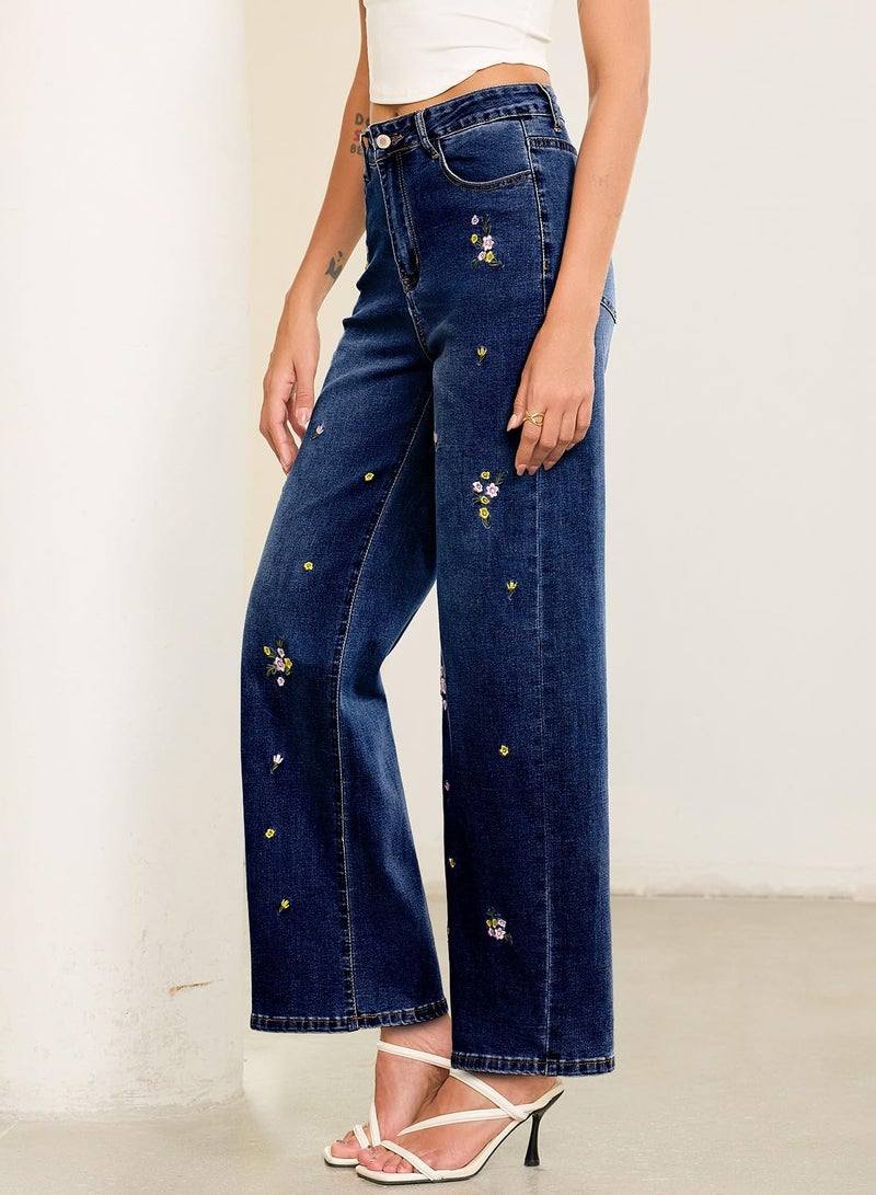 Sidefeel Women's Straight Leg Embroidered Jeans High Waisted Stretchy Wide Leg Denim Pants Bluing Size 10 - Image 3