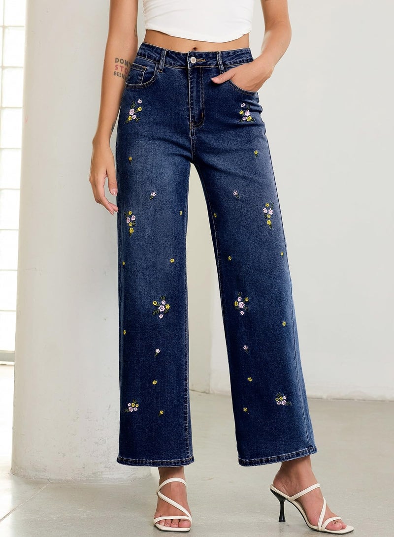 Sidefeel Women's Straight Leg Embroidered Jeans High Waisted Stretchy Wide Leg Denim Pants Bluing Size 10 - Image 4