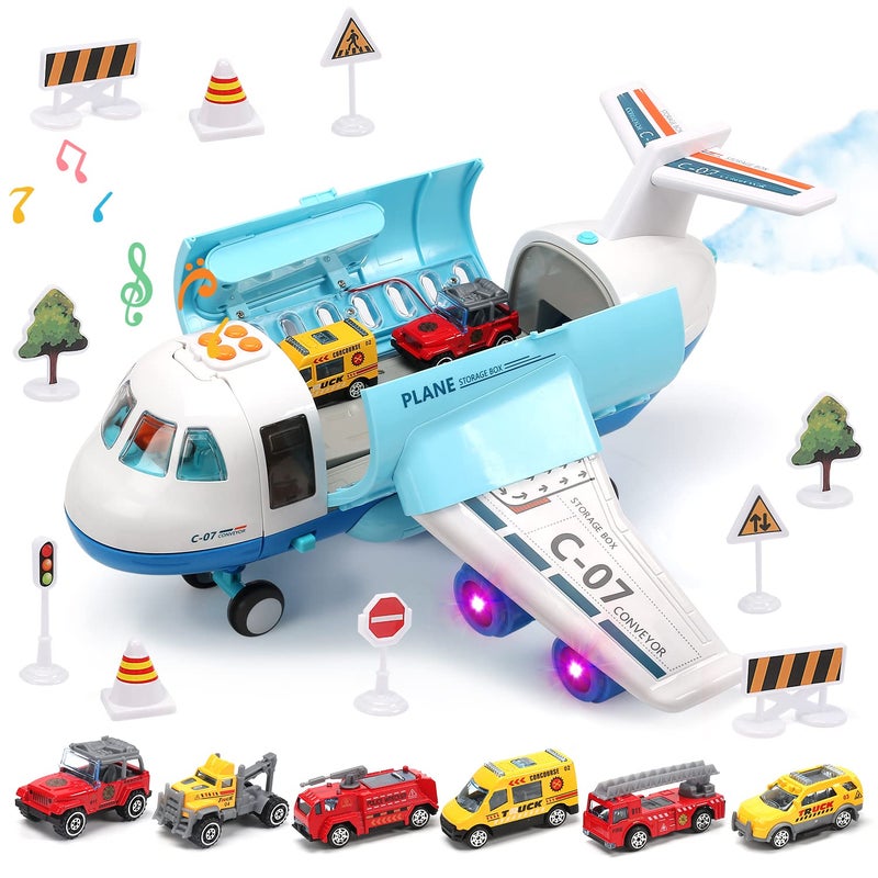 Toy Airplane with Smoke Lights Sounds Friction Powered Plane Toy with Mini Cars for Kids Boys and Girls