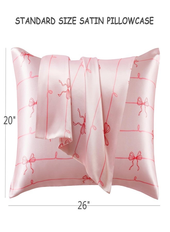 URLINENS Satin Pillowcase 2 Pack Similar to Silk Pillow Cases Standard Size, Soft Satin Pillow Case for Sleeping Women with Envelope Closure, Gifts for Girls Women, Pink Bow, 20x26 Inches, 2pcs - Image 3