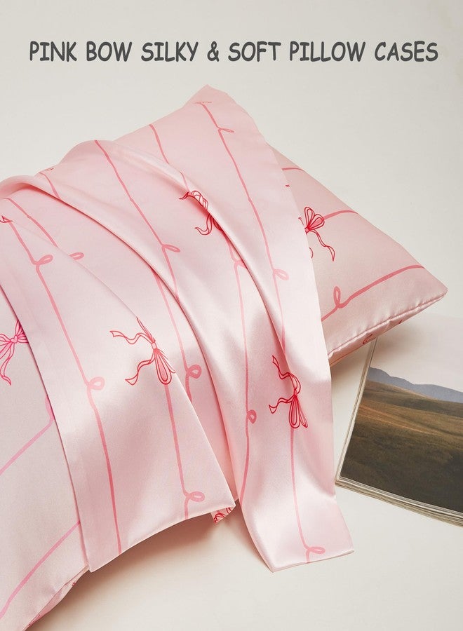 URLINENS Satin Pillowcase 2 Pack Similar to Silk Pillow Cases Standard Size, Soft Satin Pillow Case for Sleeping Women with Envelope Closure, Gifts for Girls Women, Pink Bow, 20x26 Inches, 2pcs - Image 4