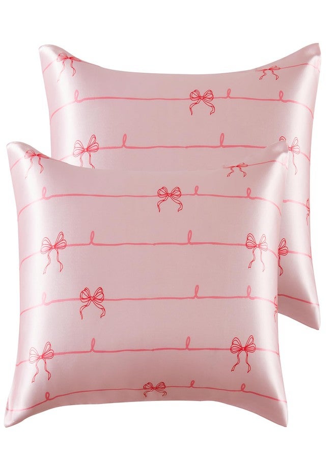URLINENS Satin Pillowcase 2 Pack Similar to Silk Pillow Cases Standard Size, Soft Satin Pillow Case for Sleeping Women with Envelope Closure, Gifts for Girls Women, Pink Bow, 20x26 Inches, 2pcs - Image 1