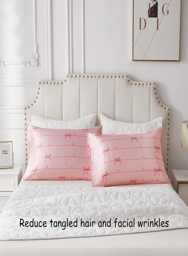 URLINENS Satin Pillowcase 2 Pack Similar to Silk Pillow Cases Standard Size, Soft Satin Pillow Case for Sleeping Women with Envelope Closure, Gifts for Girls Women, Pink Bow, 20x26 Inches, 2pcs - Image 2