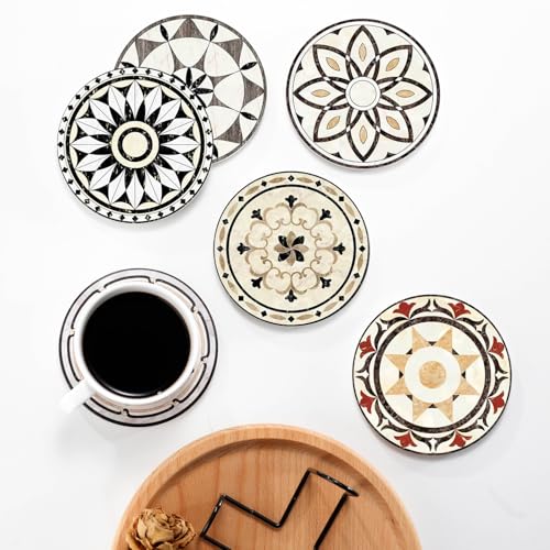 Baalaka Drink Coasters Set of 6 with Holder, Ceramic Absorbent Coaster for Drinks, Boho Coasters with Cork Base for Tabletop Protection, Coffee Table Decor 4 inches - Image 4