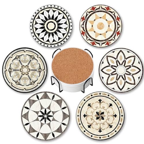 Baalaka Drink Coasters Set of 6 with Holder, Ceramic Absorbent Coaster for Drinks, Boho Coasters with Cork Base for Tabletop Protection, Coffee Table Decor 4 inches - Image 1