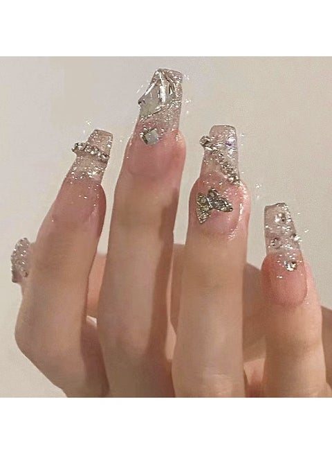 Press On Nails 24Pcs，Trapezoidal Crystal Dreamscape Butterfly Manicure，Medium Fake Acrylic Nails With Glue Kit