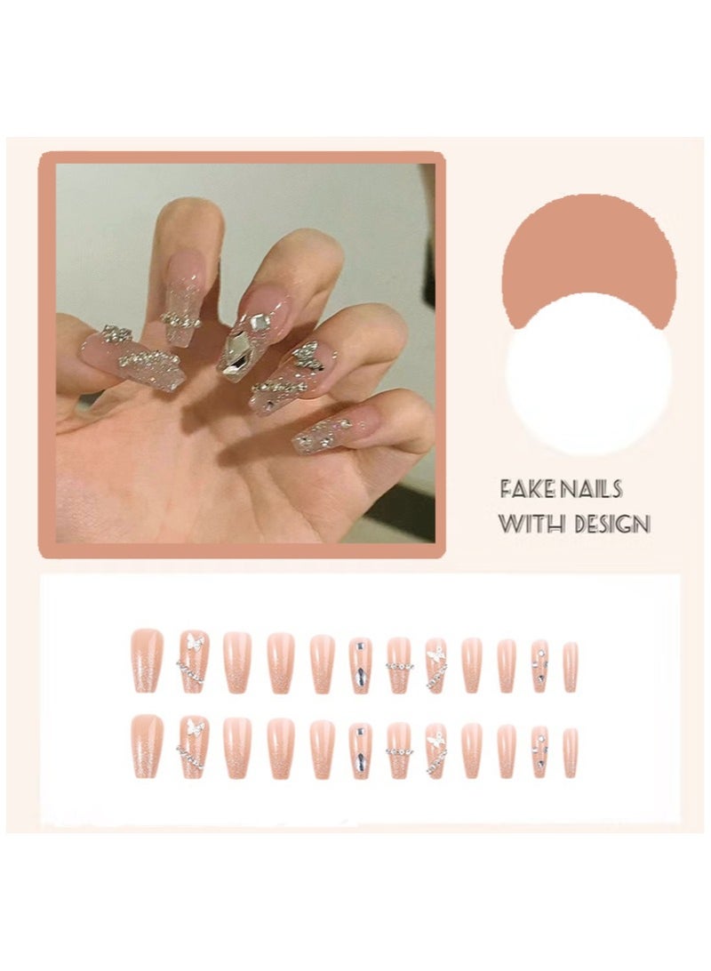 Press On Nails 24Pcs，Trapezoidal Crystal Dreamscape Butterfly Manicure，Medium Fake Acrylic Nails With Glue Kit