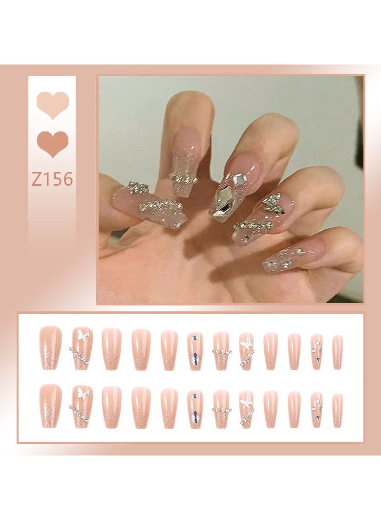 Press On Nails 24Pcs，Trapezoidal Crystal Dreamscape Butterfly Manicure，Medium Fake Acrylic Nails With Glue Kit