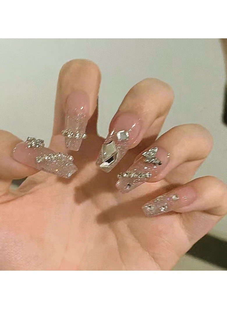 Press On Nails 24Pcs，Trapezoidal Crystal Dreamscape Butterfly Manicure，Medium Fake Acrylic Nails With Glue Kit