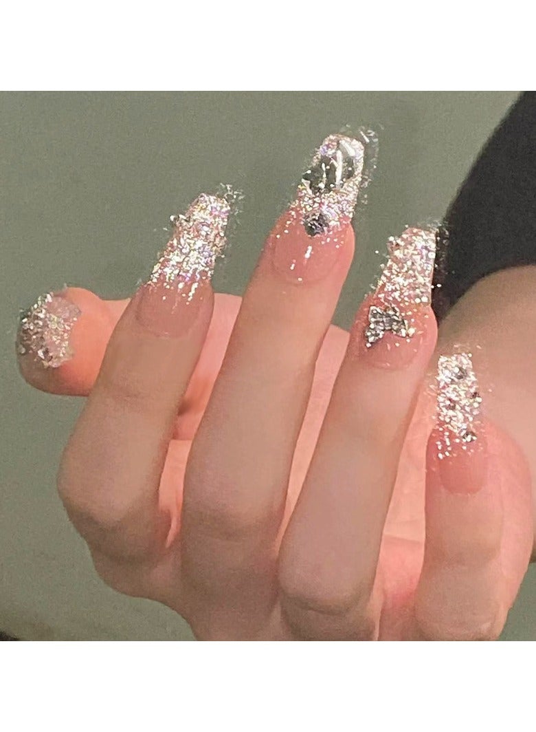 Press On Nails 24Pcs，Trapezoidal Crystal Dreamscape Butterfly Manicure，Medium Fake Acrylic Nails With Glue Kit
